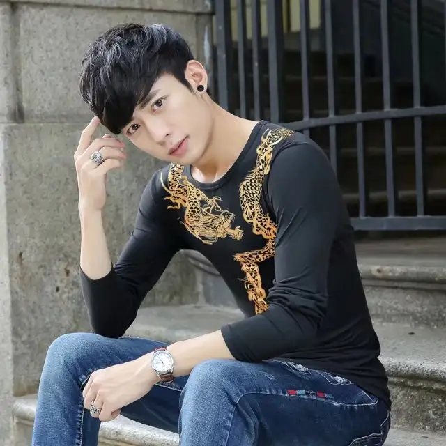 Gold dragon pattern slim fit wild T-shirt