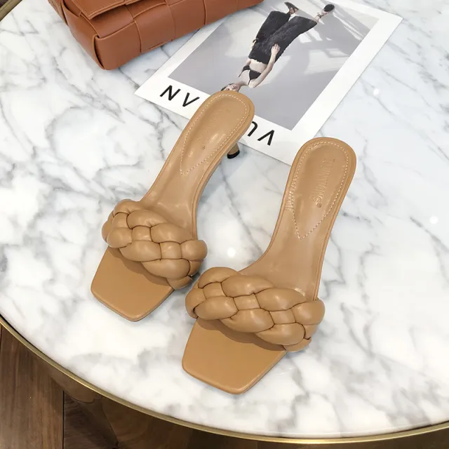 Temperament stiletto woven mules Khaki - Shop at LoveMi