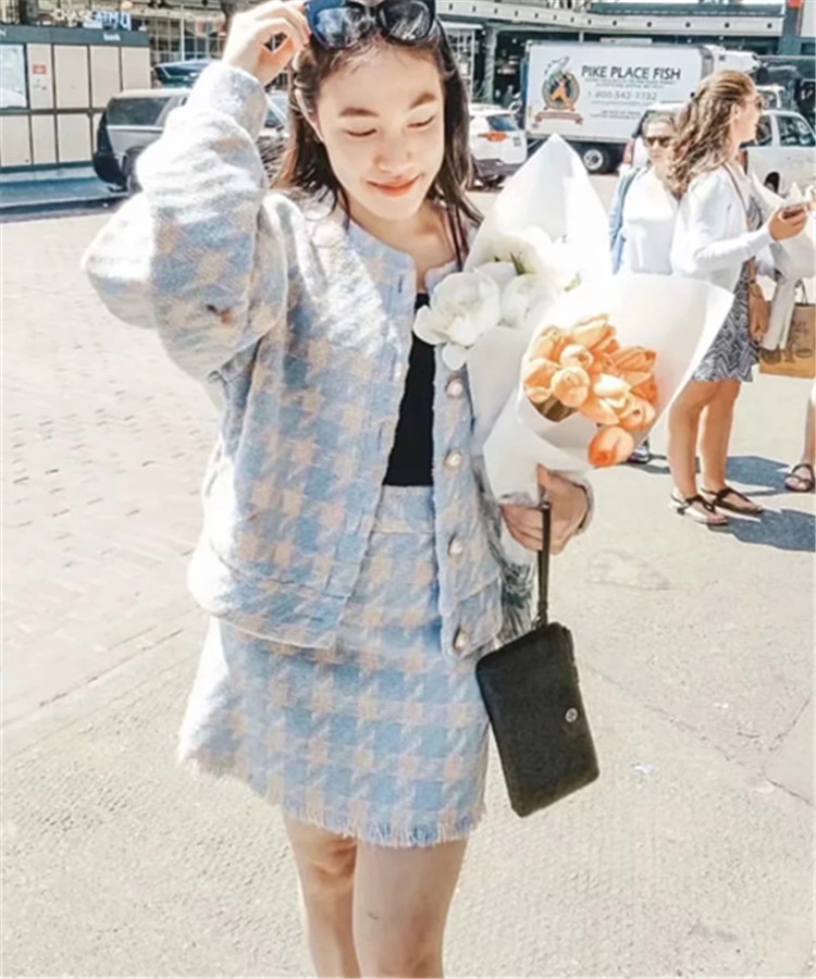 Single-breasted woolen jacket A-line skirt suit