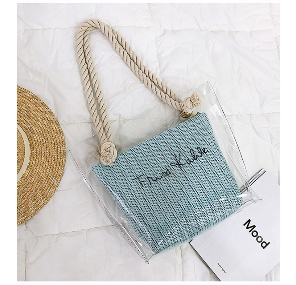 Straw shoulder fashion handbag transparent bag