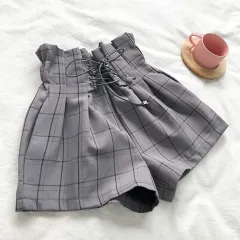 Flower bud tie plaid shorts - Grey - View 1