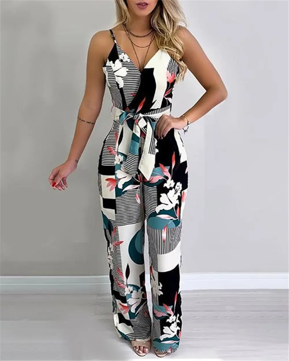 Printed Jumpsuit Suspenders Wide-leg