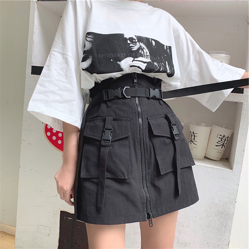 Harajuku style pocket zipped high-waist skirt