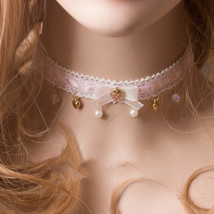 Pink set - see chain collar collar original hand made pearl bow soft girls heart choker
