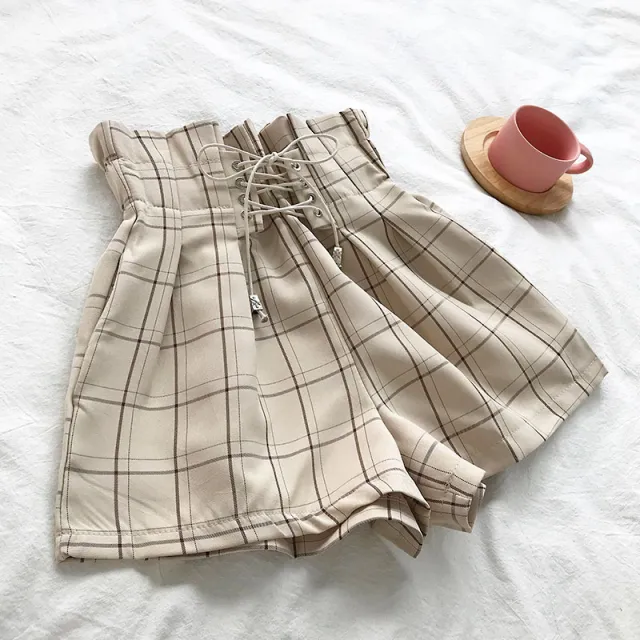 Flower bud tie plaid shorts Apricot - Shop at LoveMi