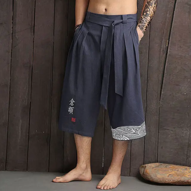 Men's linen cropped pants loose summer casual pants