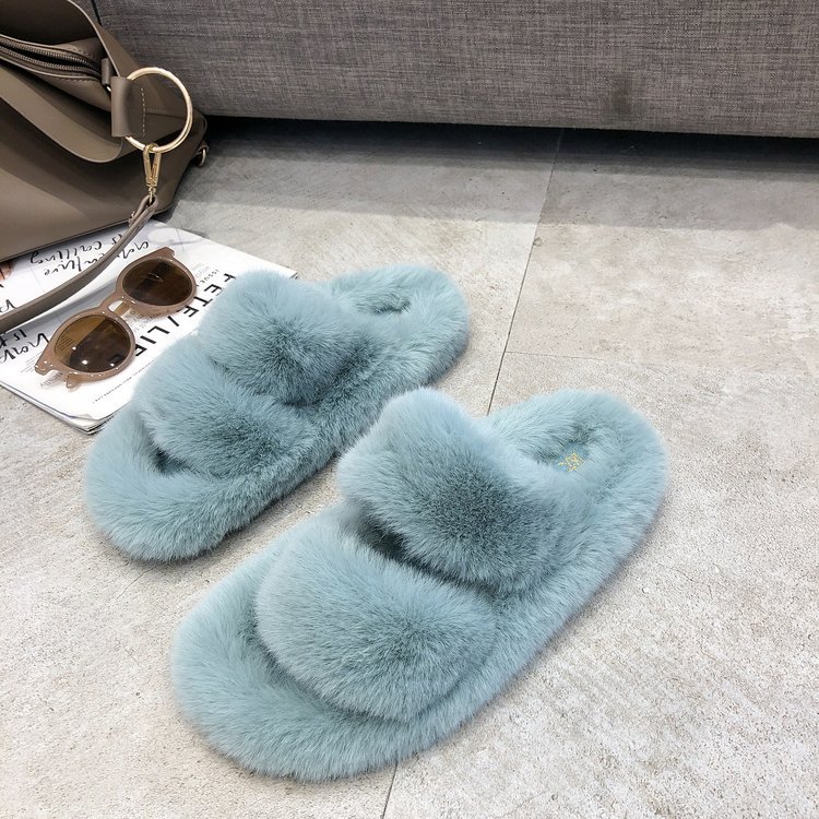 Cross hair slippers casual flat rabbit hair women's shoes