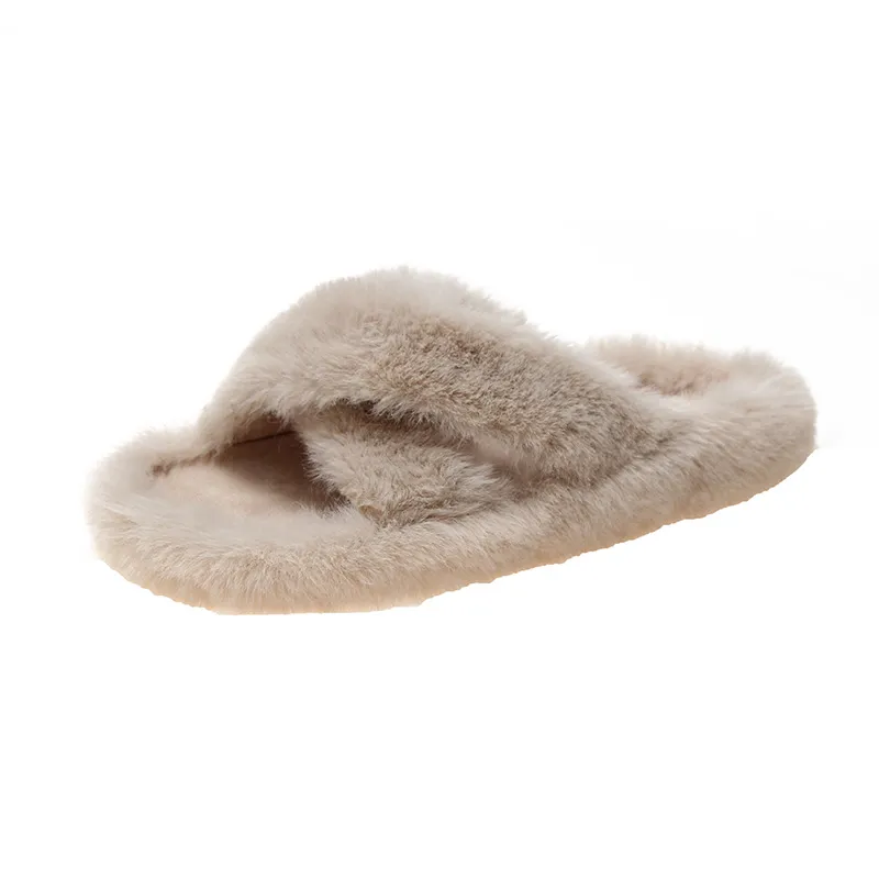 Cross hair slippers casual flat rabbit hair women's shoes - Beige