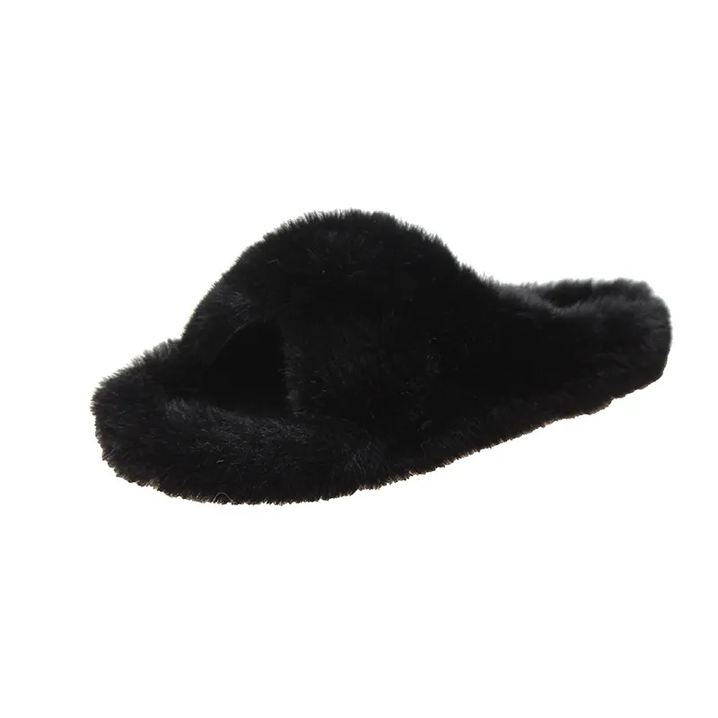 Cross hair slippers casual flat rabbit hair women's shoes - Black