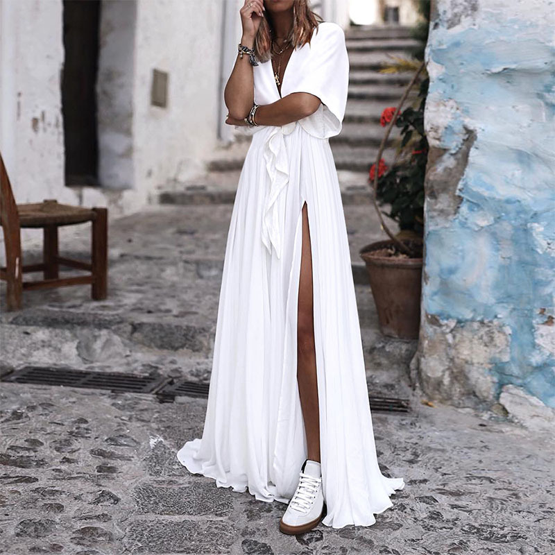 V-neck dress mopping long skirt