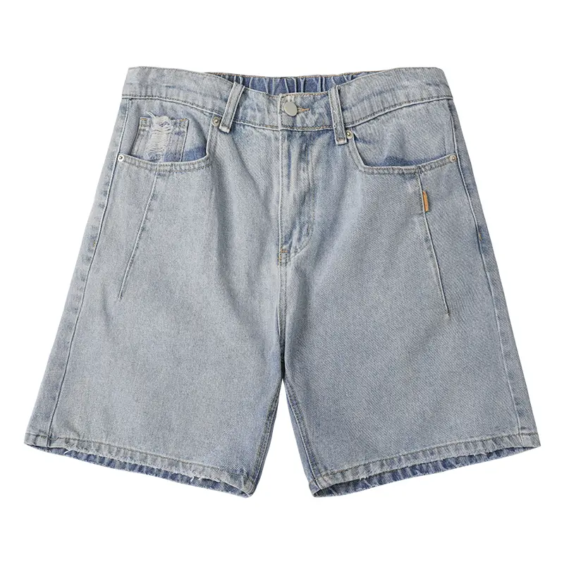 Washed and worn denim shorts