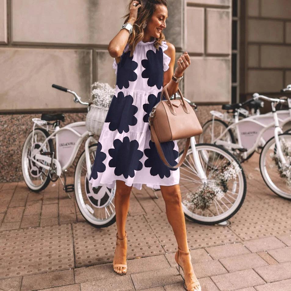 Women's long sleeve dress with printed round neck