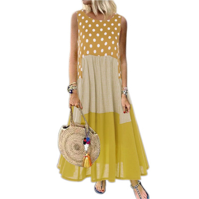 Polka-dot stitching sleeveless long dress