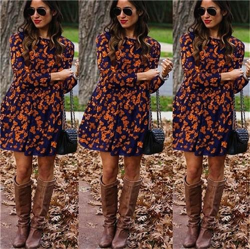 Loose casual wear round neck long sleeve printed dress