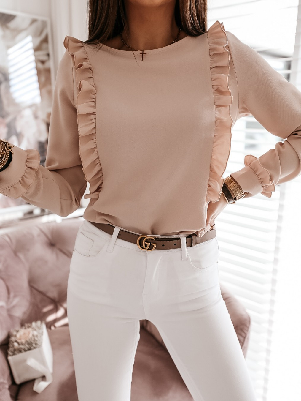 Pleated trim back button long sleeve shirt