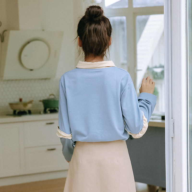 Printed long-sleeved T-shirt lapel top
