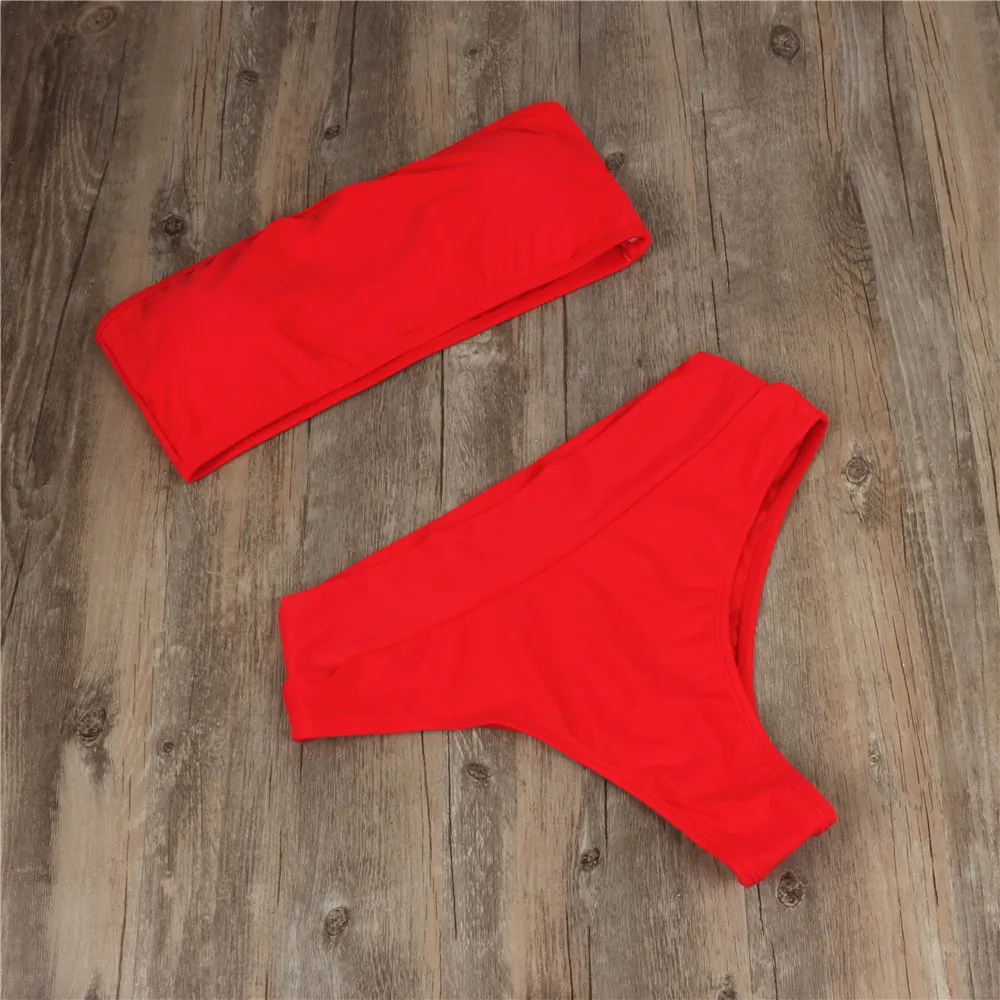 High waist solid color bikini - Red