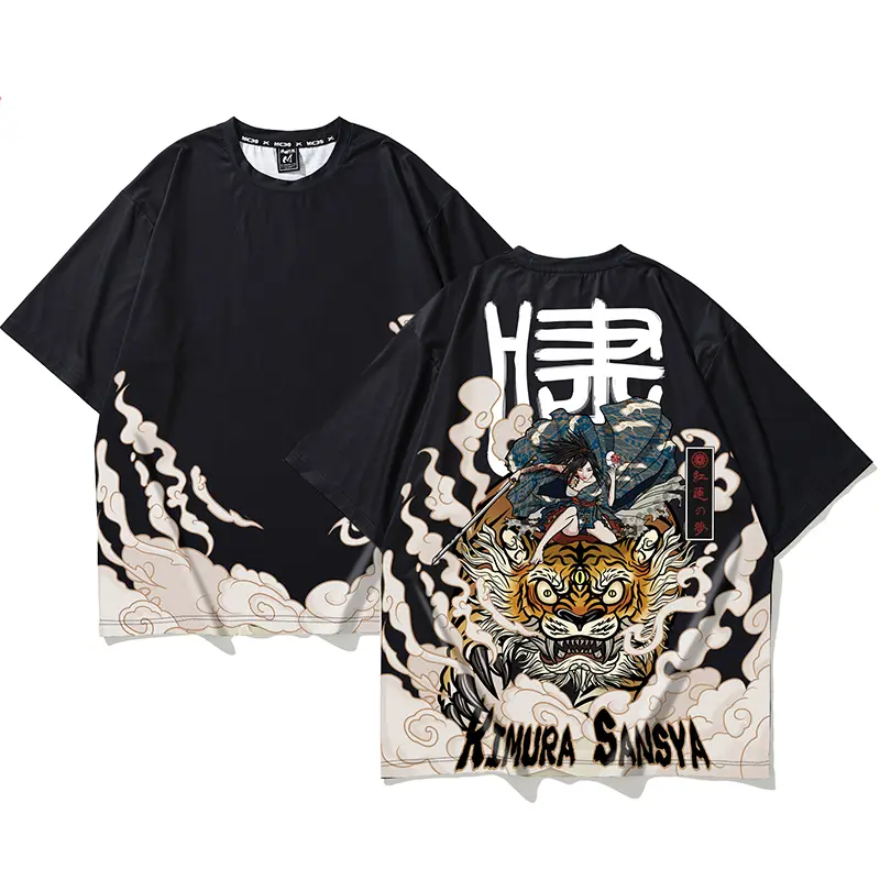 Oversized Graphic Print T-Shirt with Japanese Tiger and Samurai Design — Black, XXL