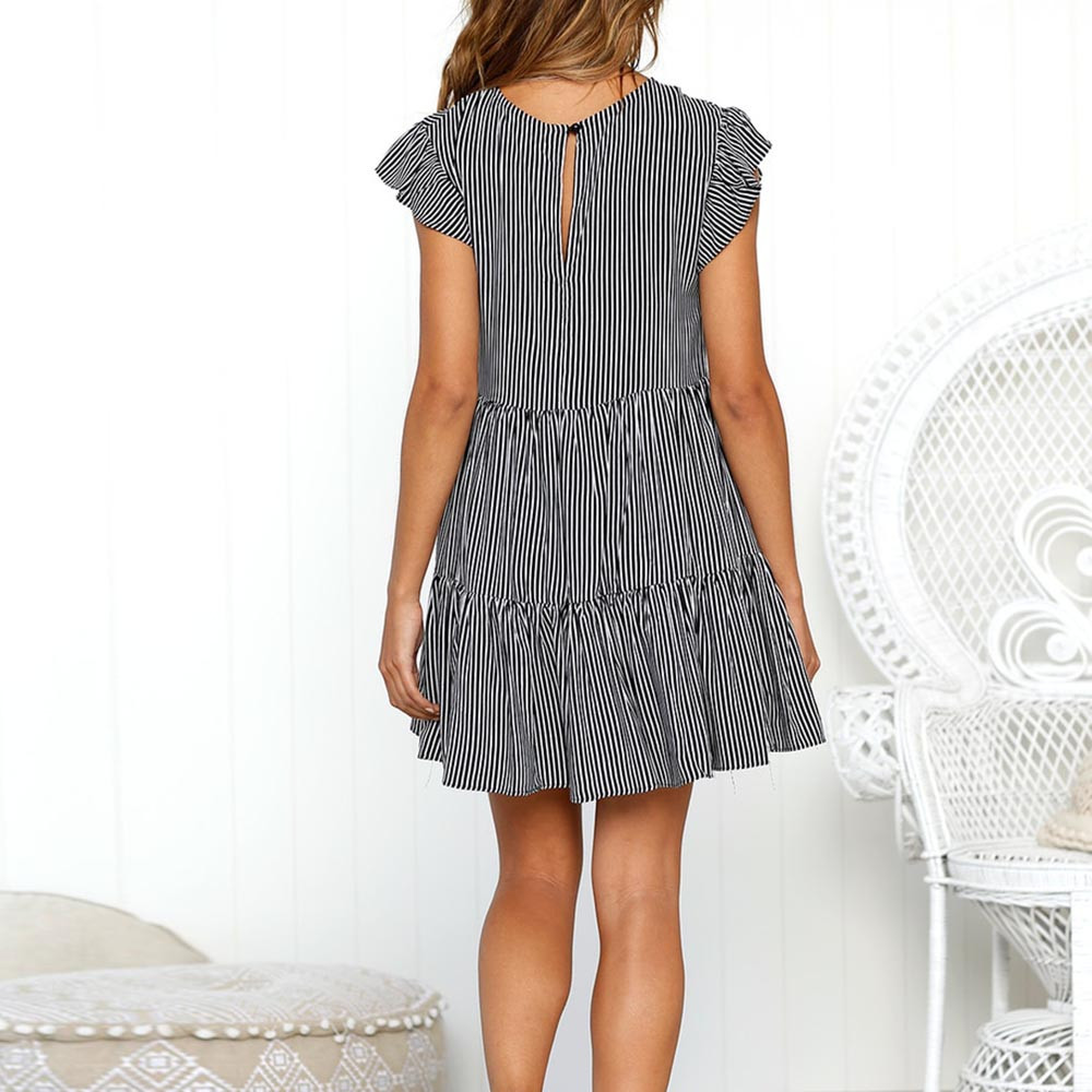 Striped pleated flared sleeve dress