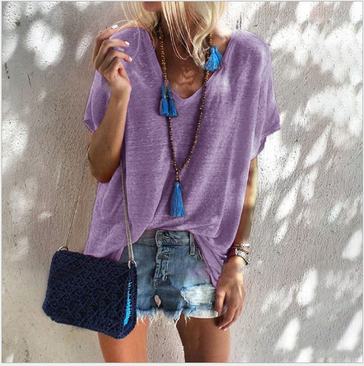 Candy color plus size loose V-neck short sleeve