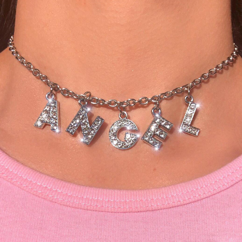 Angel Letter Bling Bling 90s Aesthetic  Necklace Women Choker Unisex DIY Name necklace Aesthetic Jewelry Femme Collier Drop Ship