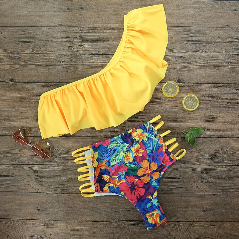 Sexy one-shoulder ruffle print swimsuit - Yellow