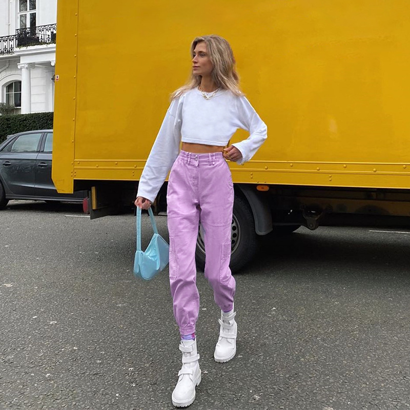 Purple big pocket street slim casual pants