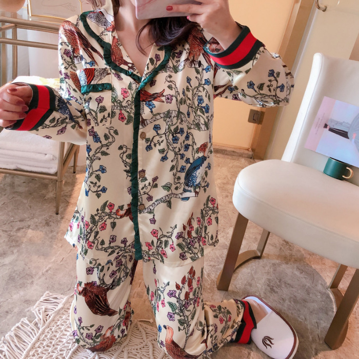 Women's long-sleeved trousers two-piece simulation silk Japanese kimono printed silk cardigan pajamas