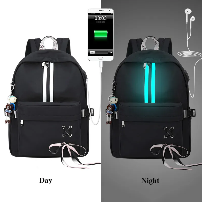 Korean fashion luminous casual girl backpack - Black