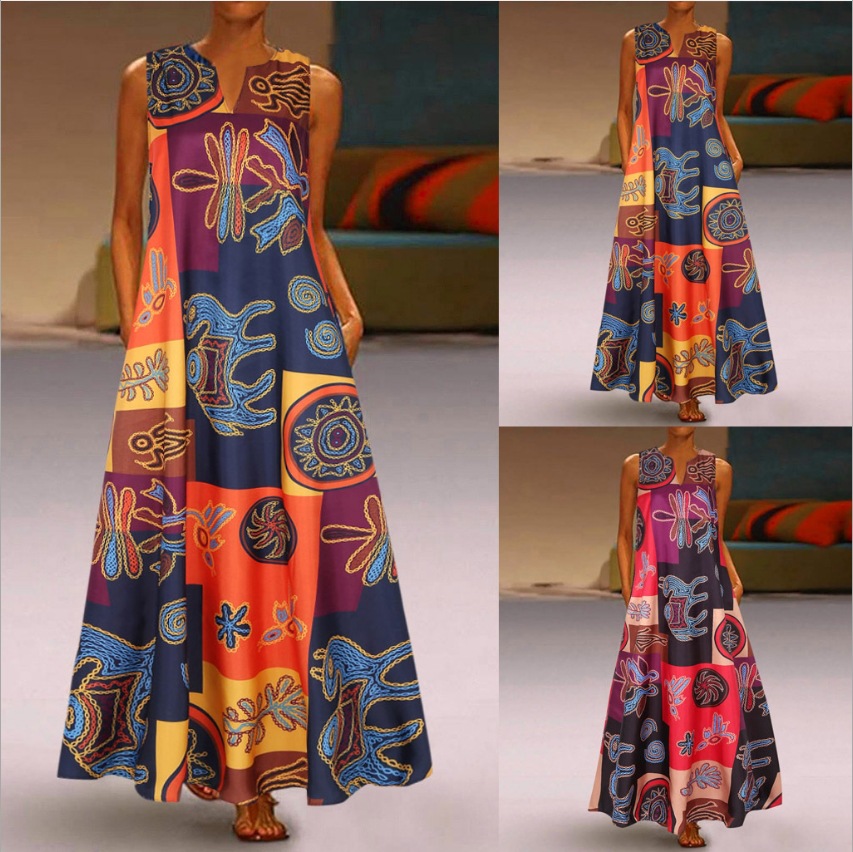 Vintage cotton and linen printed color block dress