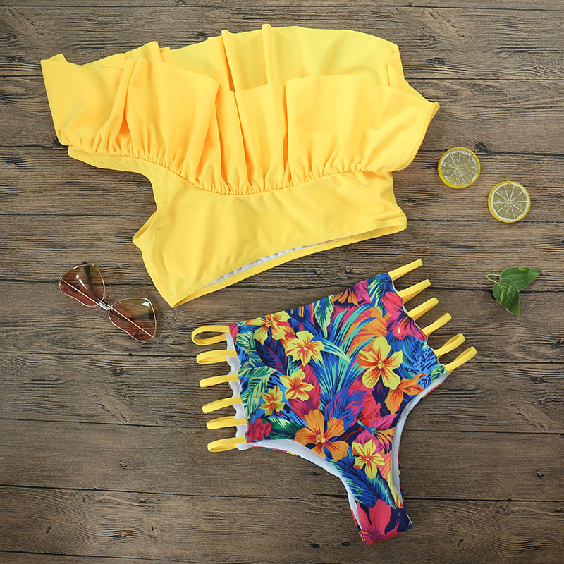 Sexy one-shoulder ruffle print swimsuit