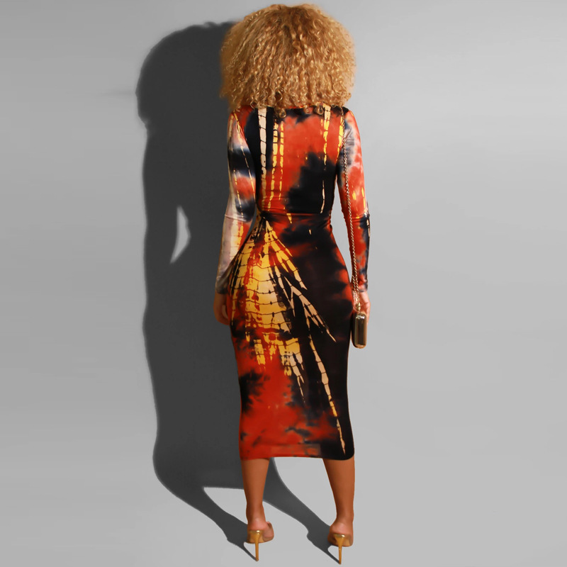 Tie-dye printed V-neck midi dress