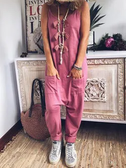 European and American foreign trade solid color women's overalls Pink - Shop at LoveMi