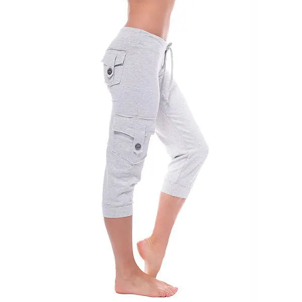 Yoga cropped pants with elastic waist button pockets Grey - Shop at LoveMi