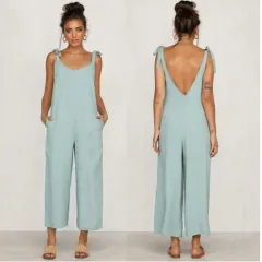 Women's wide-leg strap casual pants - Blue - View 1