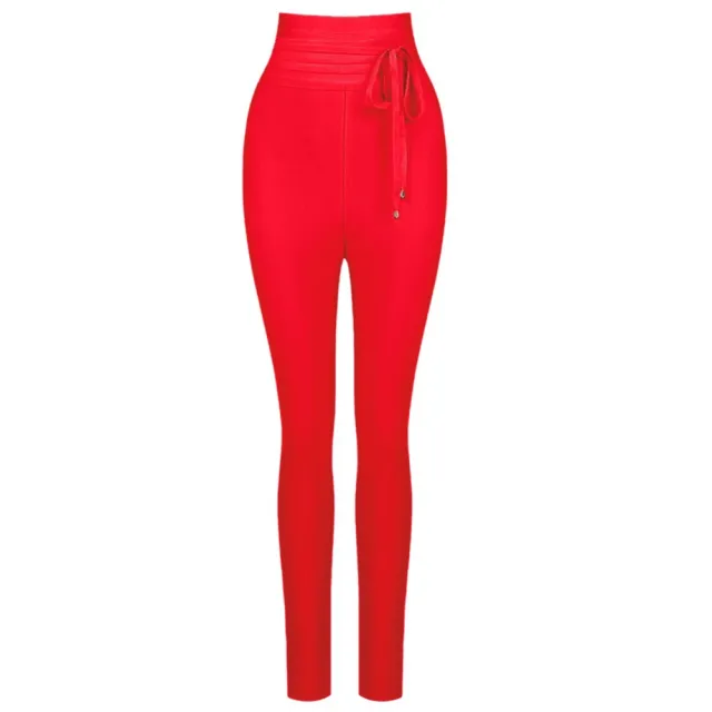 High waist bandage casual solid color thin pencil pants feet Red - Shop at LoveMi