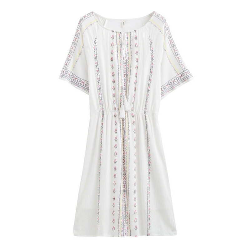 Skirt summer sweet temperament round neck tie waist print short sleeve dress