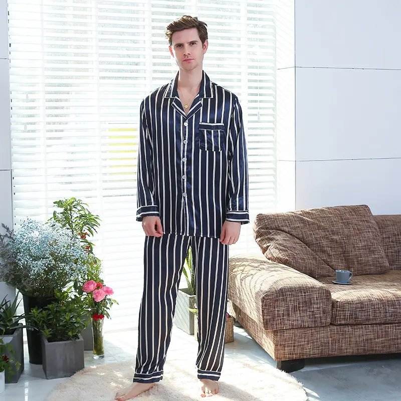 Fall Men's Simulated Silk Stripe Pajamas Men