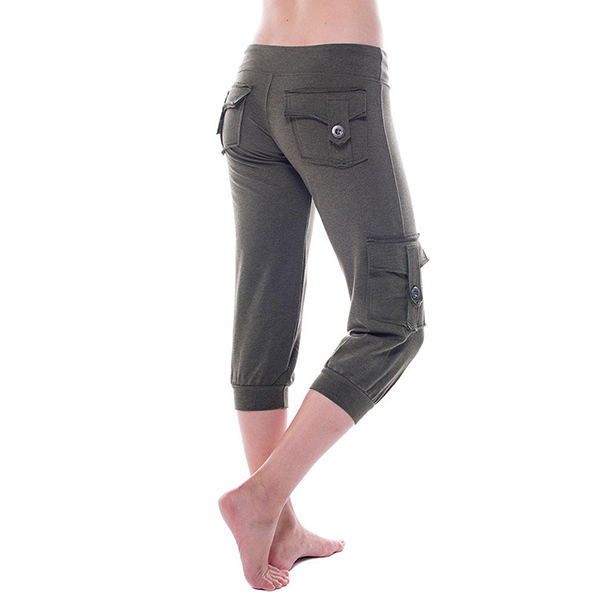 Yoga cropped pants with elastic waist button pockets Green - Shop at LoveMi