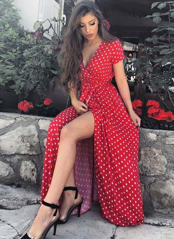 V-neck polka dot dress