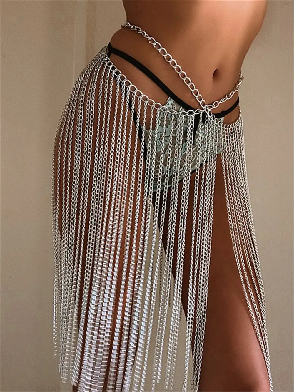 Metal stitching chain fringed skirt