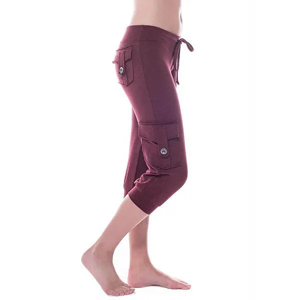 Yoga cropped pants with elastic waist button pockets Wine Red - Shop at LoveMi