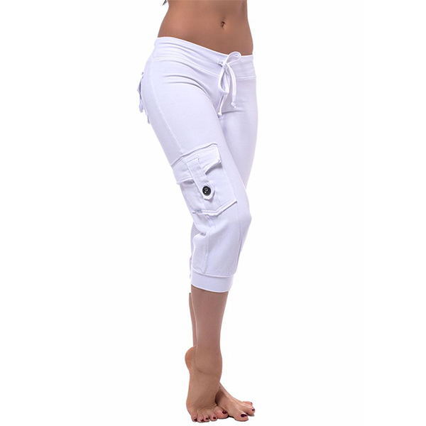 Yoga cropped pants with elastic waist button pockets