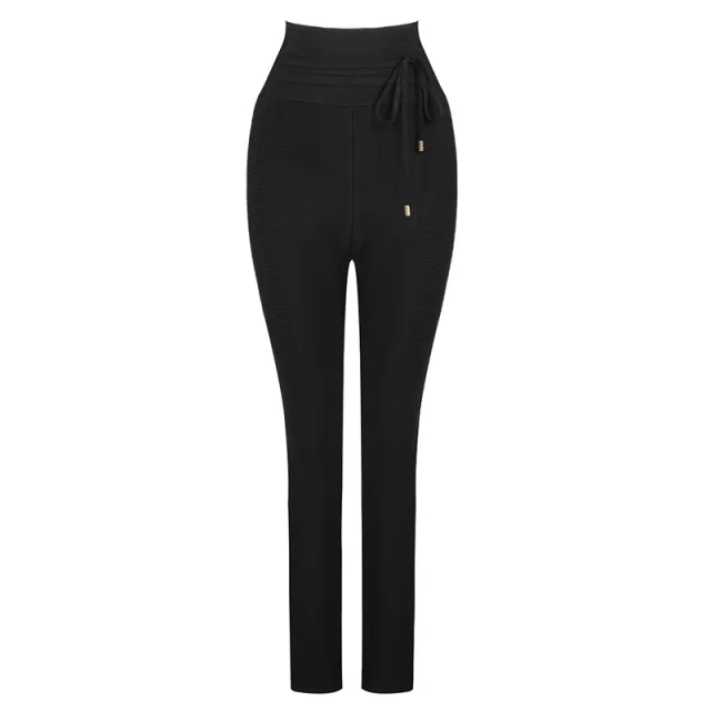 High waist bandage casual solid color thin pencil pants feet Black - Shop at LoveMi
