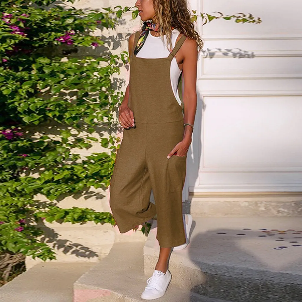 Cotton and linen overalls women's casual loose long - Khaki