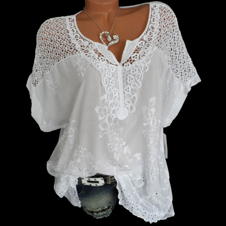 V-neck stitching lace short sleeve
