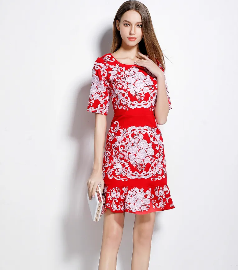 Fish tail wrap hip dress dress - Red Middle Sleeve