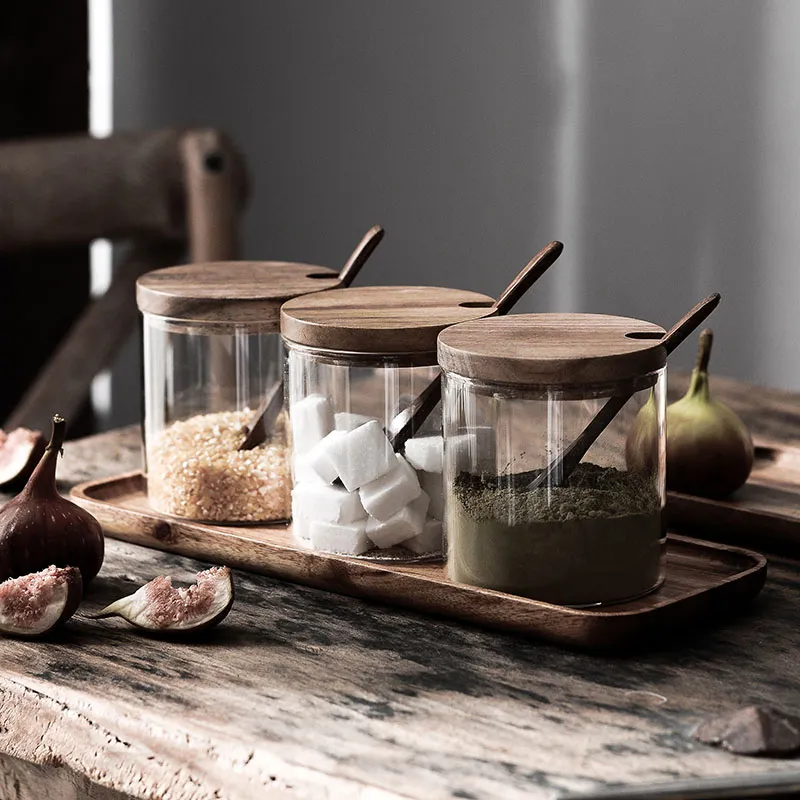 Wooden lid glass seasoning jar set - Brown