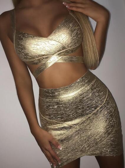 Slanted shoulder bronzing short skirt suit