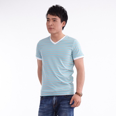 V-neck Stripe Cotton Short Sleeve T-Shirt